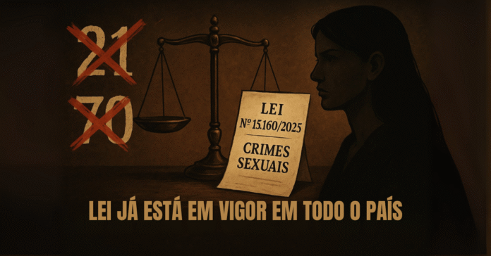 Lei 15.160 já em vigor em todo o país Ilustração da Lei que retira benefício de idade para crimes sexuais, com balança da justiça, silhueta feminina e documento oficial sobre a nova norma penal.