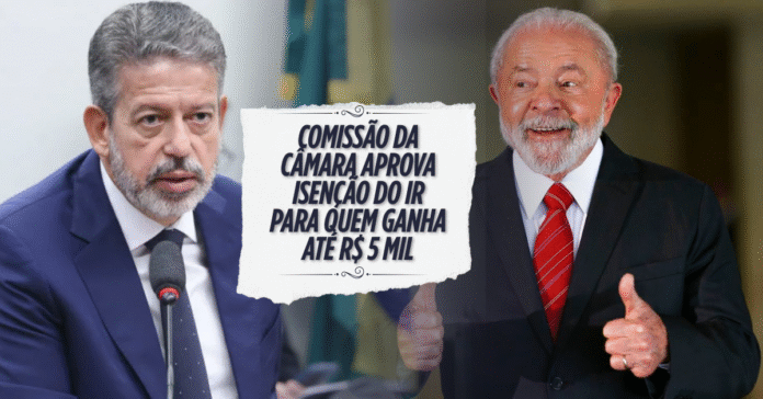 Lira e Lula: Câmara aprova isenção do IR até R$ 5 mil Arthur Lira discursa na Câmara e Lula sorri após aprovação de isenção do Imposto de Renda para quem ganha até R$ 5 mil.