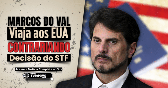 Senador Marcos do Val contrariando decisão do STF em arte com bandeira dos EUA ao fundo