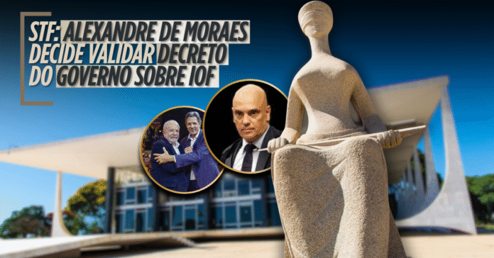 Alexandre de Moraes valida decreto do IOF no STF Imagem mostra fachada do STF com a estátua da Justiça em destaque, ao fundo fotos de Alexandre de Moraes, Lula e Fernando Haddad, e o título “STF: Alexandre de Moraes decide validar decreto do governo sobre IOF”.