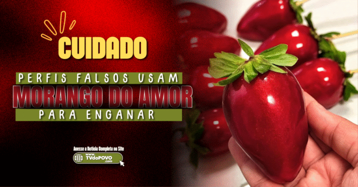 Morango do amor sendo segurado na mão com alerta sobre perfis falsos nas redes sociais