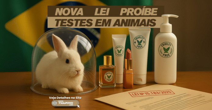 Imagem representando a proibição de testes em animais para cosméticos no Brasil, com coelho protegido, cosméticos cruelty-free e a Lei nº 15.183/2025.