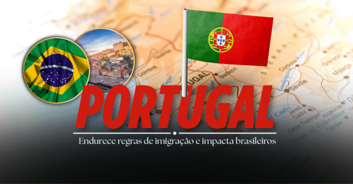 Portugal endurece regras de imigração e impacta brasileiros Mapa de Portugal com bandeira portuguesa e brasileira, ilustrando novas regras de imigração que afetam brasileiros