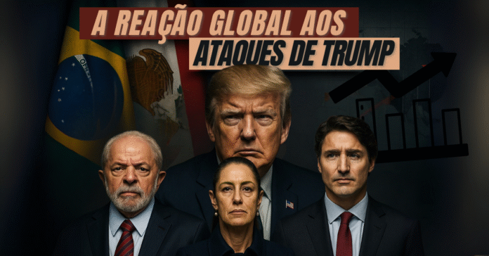 Montagem editorial mostra líderes estrangeiros diante de Trump, simbolizando como ataques de Trump fortalecem esses políticos globalmente.