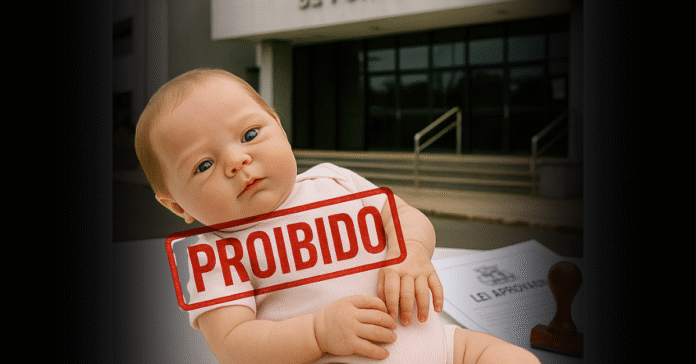 Boneca reborn com selo vermelho “PROIBIDO” em frente à Câmara Municipal de Porto Velho