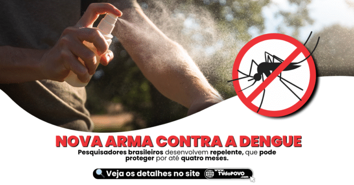 Pessoa aplicando spray repelente no braço com símbolo de mosquito riscado, destacando nova tecnologia contra a dengue