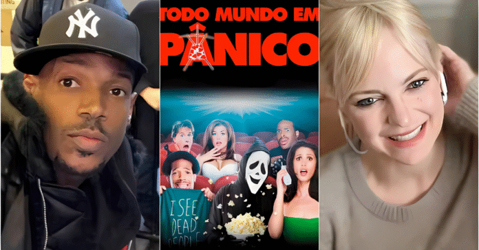 Marlon Wayans, cartaz de Todo Mundo em Pânico e Anna Faris lado a lado