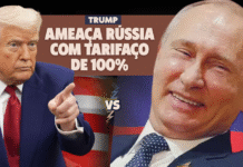 Trump ameaça Rússia com tarifaço de 100% e consequências Trump aponta o dedo em ameaça de tarifaço de 100% contra Rússia, com Putin sorrindo em resposta