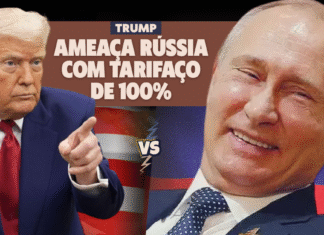 Trump ameaça Rússia com tarifaço de 100% e consequências Trump aponta o dedo em ameaça de tarifaço de 100% contra Rússia, com Putin sorrindo em resposta