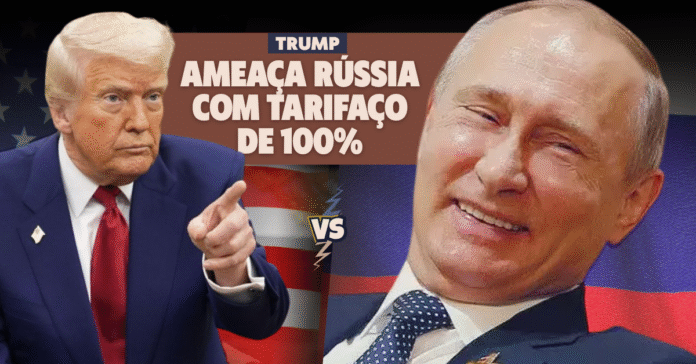 Trump aponta o dedo em ameaça de tarifaço de 100% contra Rússia, com Putin sorrindo em resposta