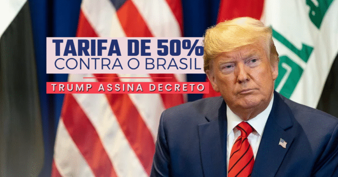 Donald Trump ao lado da bandeira dos EUA, com texto destacando tarifa de 50% contra o Brasil