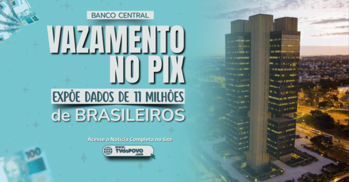 Arte sobre vazamento no Pix, com destaque para o prédio do Banco Central e chamada da TVdoPOVO.com