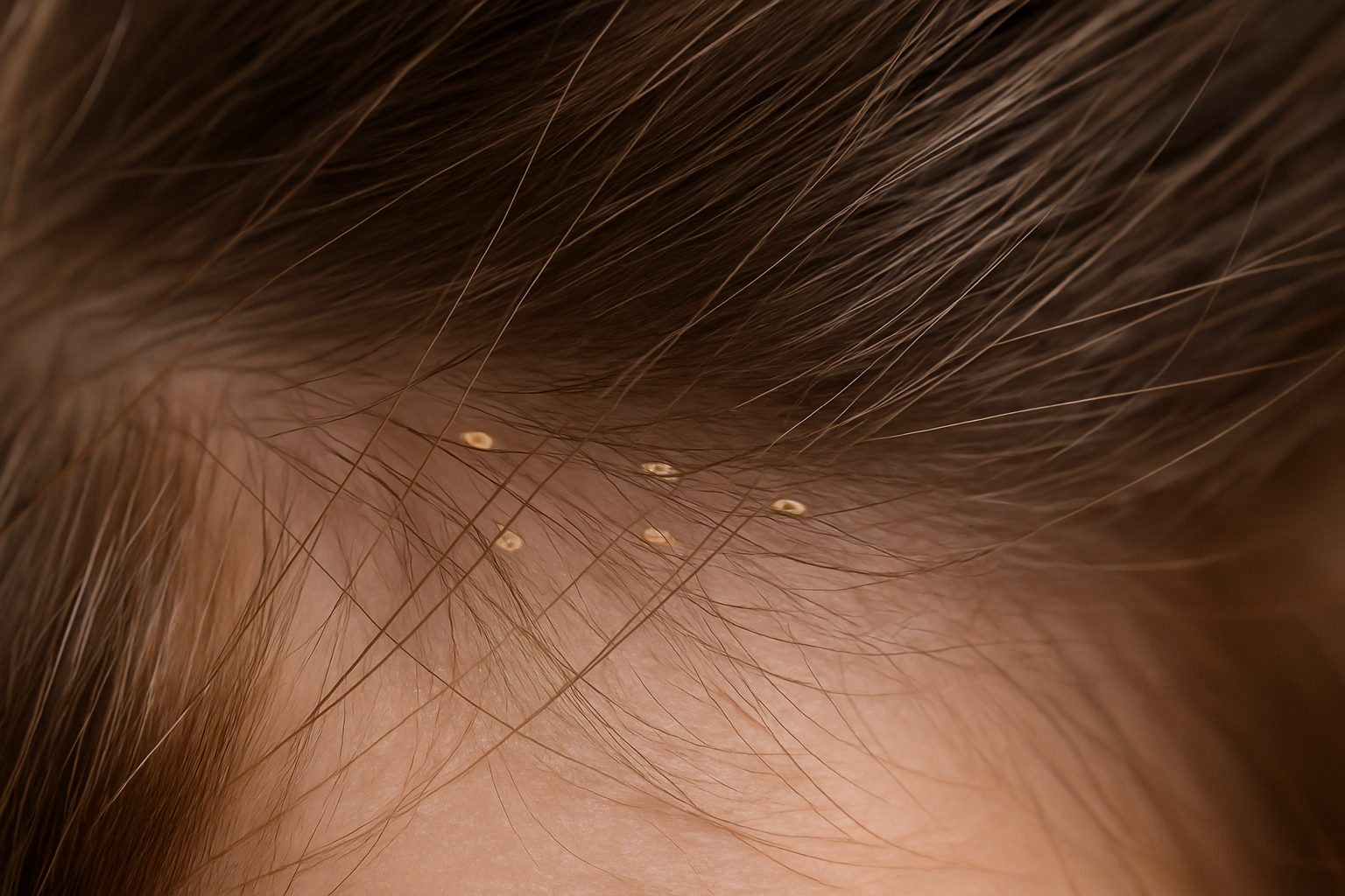 Close-up do couro cabeludo com fios de cabelo castanho mostrando lêndeas presas próximas à raiz.