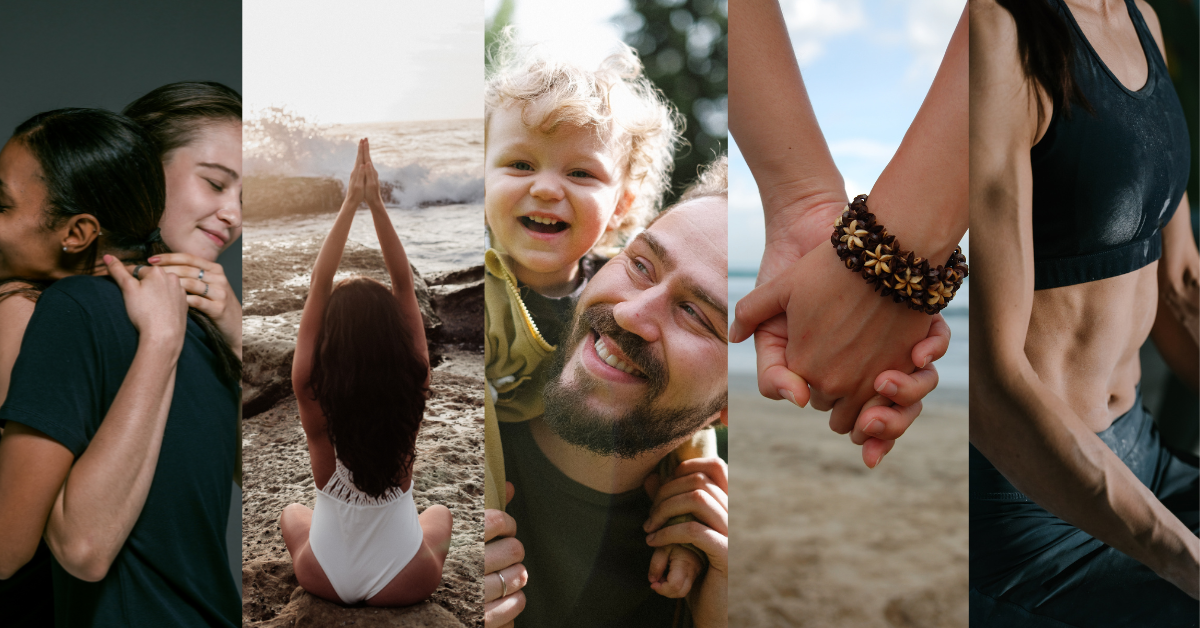 Montagem com cinco imagens que simbolizam perdão, simplicidade, gratidão, relacionamentos de qualidade e exercícios físicos.