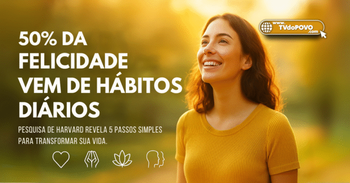 Mulher sorridente em cenário ensolarado com destaque para a frase “50% da felicidade vem de hábitos diários”.