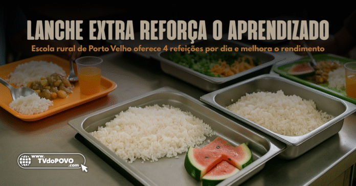 Alimentação escolar reforçada com arroz, frutas e suco sendo servidos em refeitório de escola rural em Porto Velho.
