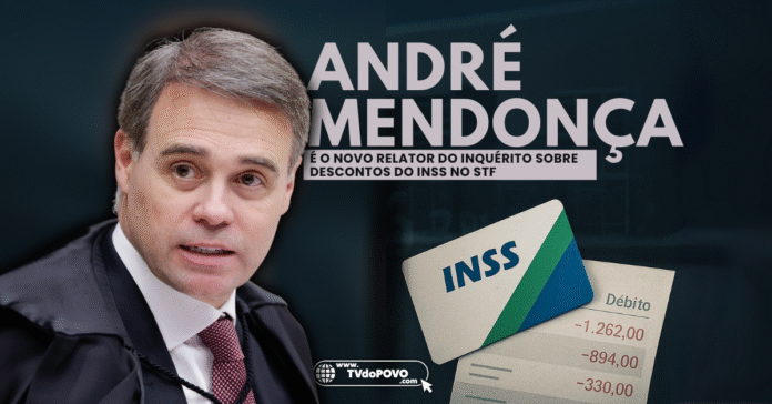 Retrato do ministro André Mendonça ao lado de cartão genérico do INSS e extrato bancário, representando o novo relator do inquérito sobre descontos no STF.