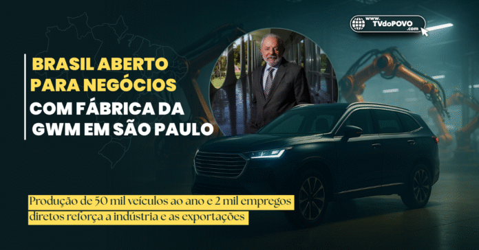 Imagem mostra SUV em fábrica moderna com braços robóticos e destaque para título sobre a inauguração da GWM em São Paulo