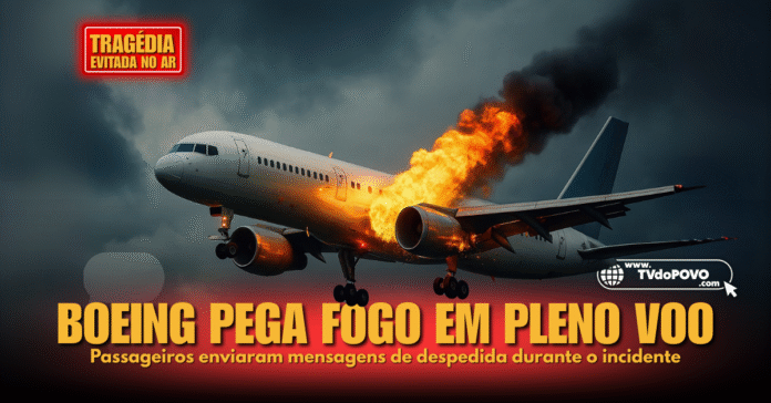 Boeing 757 da Condor Airlines com motor em chamas durante voo, ilustrando reportagem sobre pânico de passageiros.