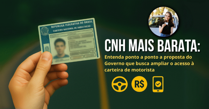 Mão segurando carteira de motorista com destaque para o texto “CNH mais barata” ao lado de ícones e jovem sorrindo com CNH