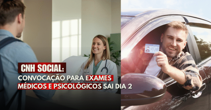 Homem entrega documentos para médica em consultório e outro exibe CNH dentro do carro, representando o programa CNH Social.