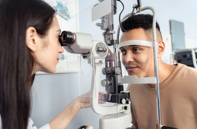 Homem faz exame de vista com aparelho oftalmológico moderno