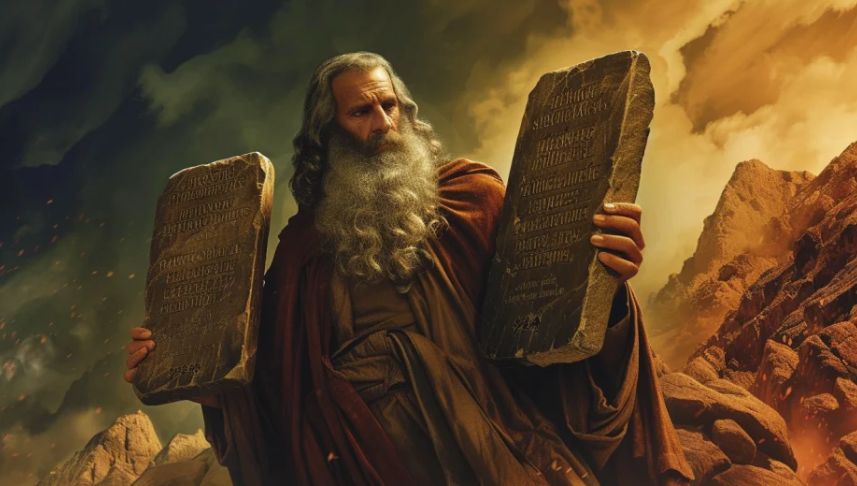 Moisés segurando as tábuas dos Dez Mandamentos em cenário montanhoso.