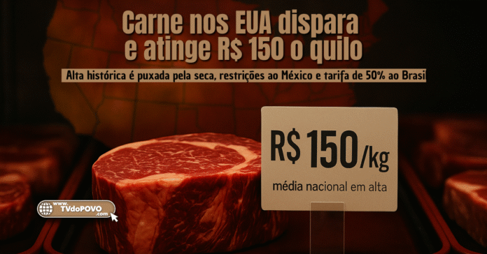 Carne em açougue com etiqueta “R$ 150/kg” em destaque, simbolizando preço recorde nos Estados Unidos.