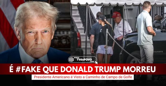 Montagem mostra Donald Trump com olhar sério e, ao lado, cena dele com neta caminhando rumo ao campo de golfe