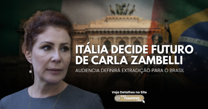 Carla Zambelli em destaque com fundo do Tribunal de Apelação de Roma, bandeiras da Itália e do Brasil, e chamada sobre decisão de extradição.