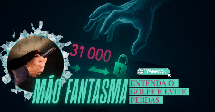 Arte ilustrativa do golpe da “mão fantasma”, com mão translúcida saindo de um smartphone e valores sendo transferidos.