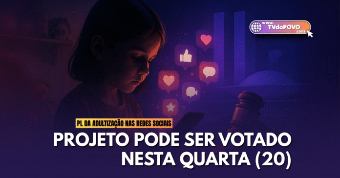 Criança usando celular com ícones digitais e plenário da Câmara ao fundo, representando o PL da adultização nas redes sociais.