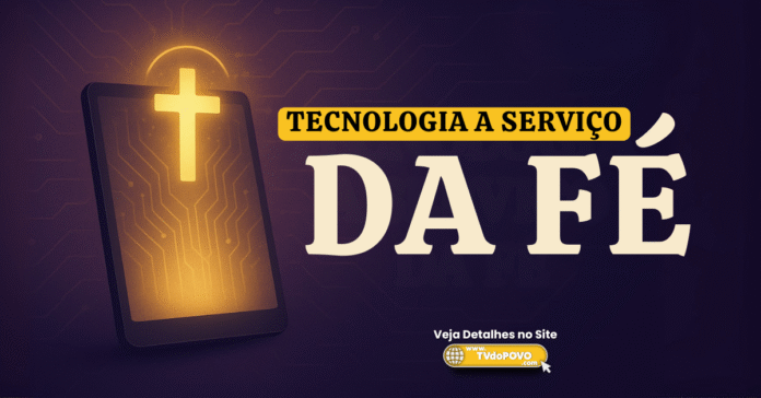 Tablet com cruz luminosa simboliza a IA católica a serviço da fé, com fundo digital e chamada “Tecnologia a serviço da fé”.
