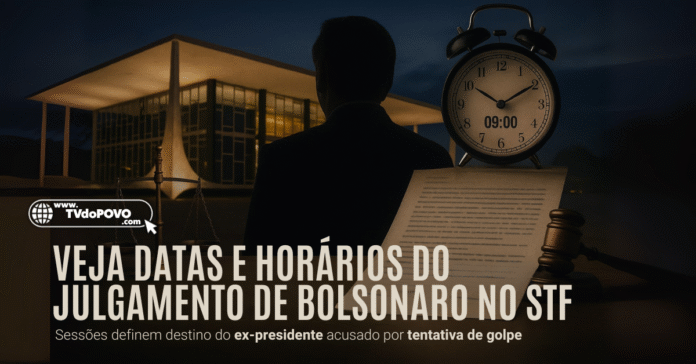 Silhueta de homem diante do STF à noite, com relógio marcando 09h e texto sobre julgamento de Bolsonaro