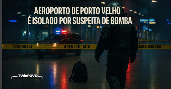 Policial do esquadrão antibombas isola aeroporto de Porto Velho após suspeita de bomba em mochila abandonada.