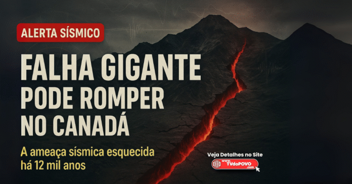 Montanhas escuras com rachadura vermelha brilhante representando falha geológica no Canadá, com alerta sísmico em destaque.