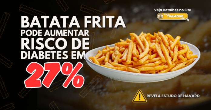Prato cheio de batata frita com texto em destaque sobre risco de diabetes tipo 2