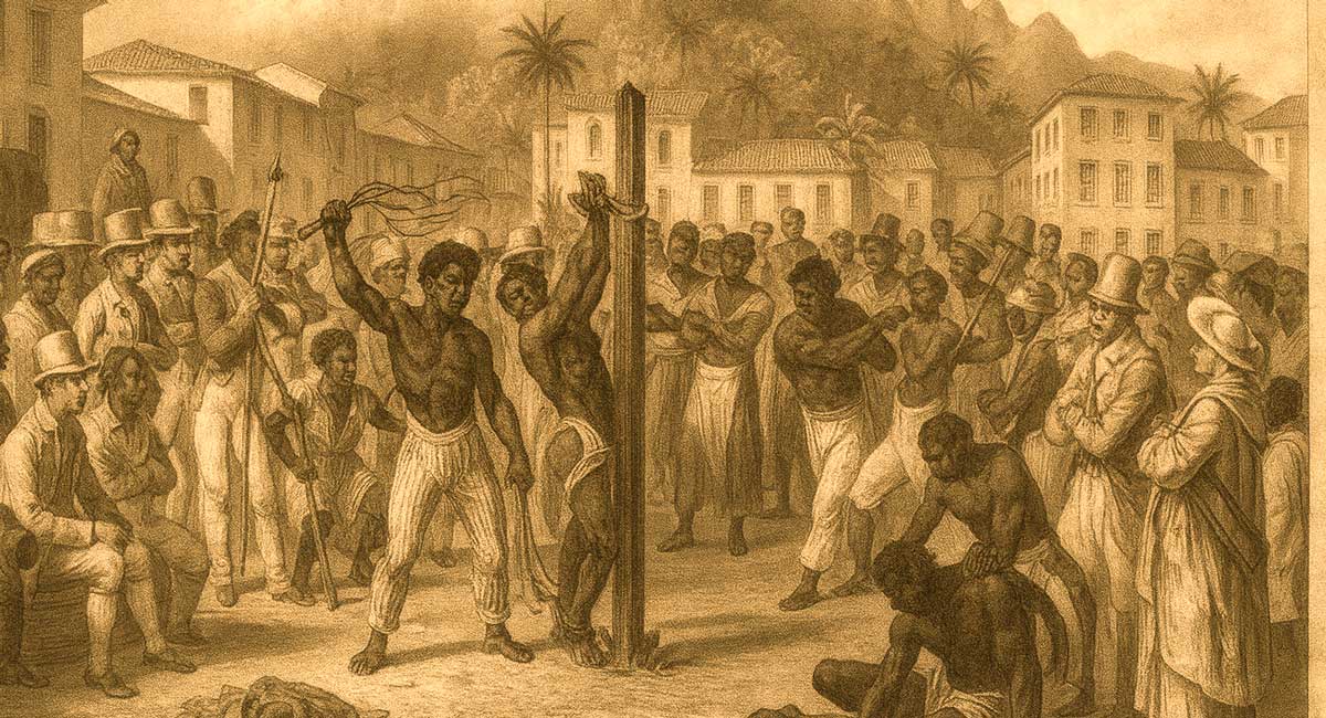Cena histórica de punição pública a escravizados no Brasil colonial