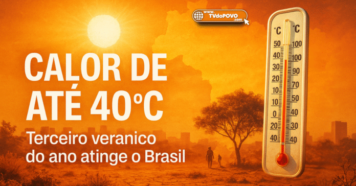 Calor de até 40°C no Brasil durante o terceiro veranico de 2025, termômetro e cenário seco ao pôr do sol.