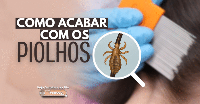 Arte de capa com título “Como acabar com os piolhos” mostrando pente fino em cabelo e lupa com piolho ampliado para ilustrar piolho tratamento eficaz.