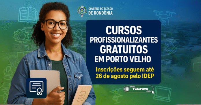 Estudante sorridente segura materiais escolares ao lado de chamada para cursos profissionalizantes gratuitos em Porto Velho, com inscrições até 26 de agosto pelo Idep Rondônia.