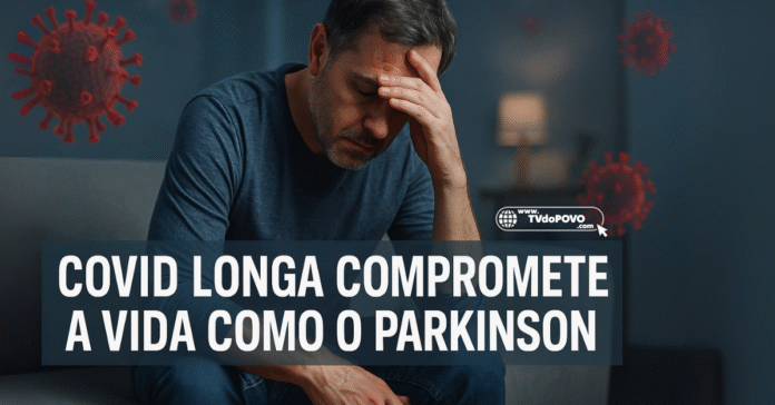 Homem exausto sentado em ambiente doméstico com partículas do vírus, simbolizando o impacto da covid longa comparável ao Parkinson.