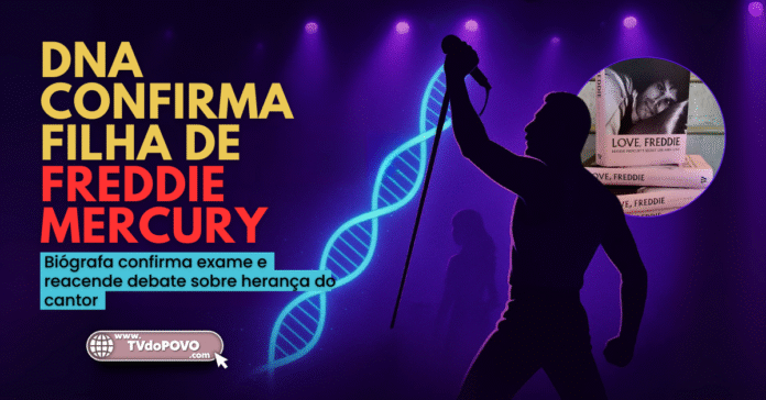 Silhueta de Freddie Mercury no palco com fita de DNA luminosa e destaque para livro biográfico
