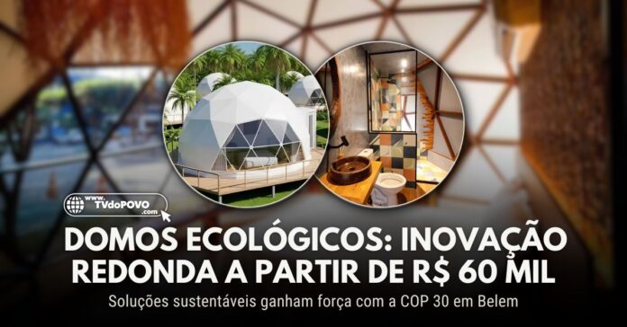 Domos ecológicos com design geodésico em área verde e interior com acabamento artesanal e sustentável.