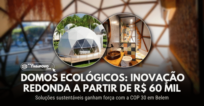 Domos ecológicos com design geodésico em área verde e interior com acabamento artesanal e sustentável.