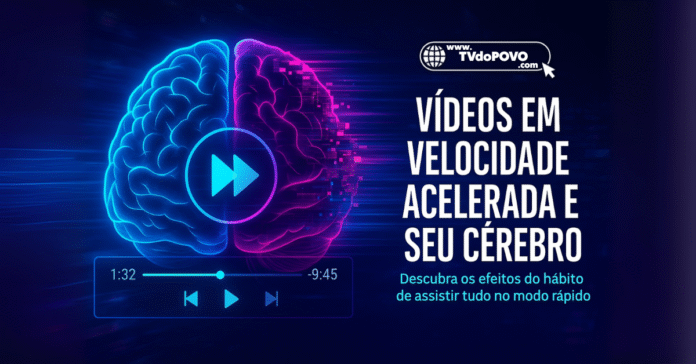 Cérebro estilizado com efeito digital dividido em azul e roxo, representando os impactos de assistir vídeos acelerados no cérebro.