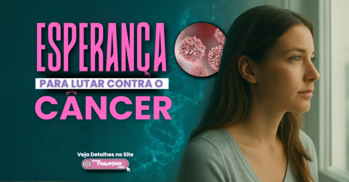 Mulher olha pela janela ao lado do texto “Esperança para lutar contra o câncer”, simbolizando avanços no controle da doença crônica