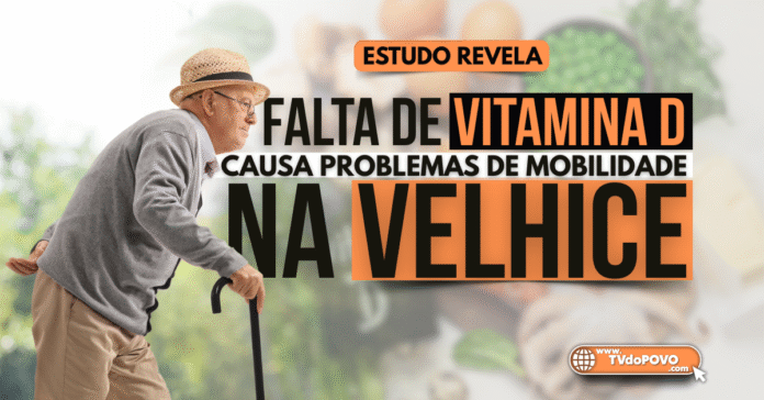 Idoso apoiado em bengala com expressão de esforço ao caminhar, ilustrando reportagem sobre a falta de vitamina D e problemas de mobilidade na velhice.