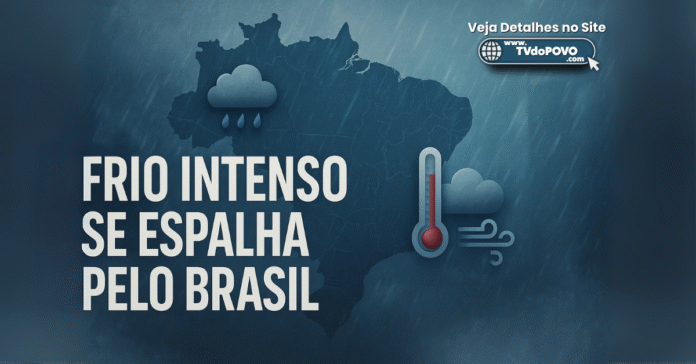 Mapa do Brasil com ícones de chuva, vento e termômetro, acompanhado do texto “Frio intenso se espalha pelo Brasil”