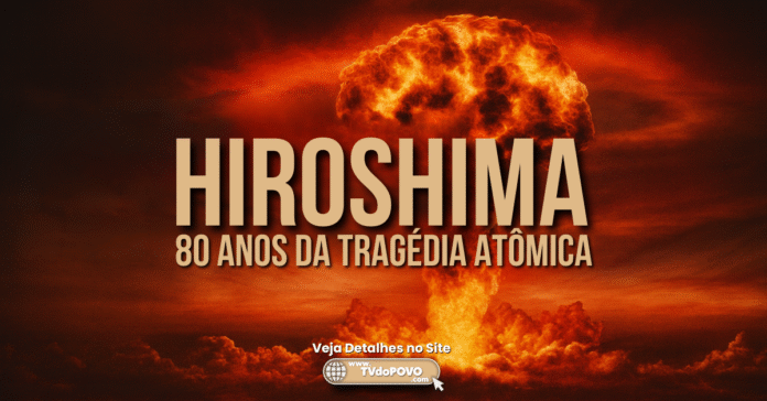 Explosão nuclear representa os 80 anos da tragédia atômica em Hiroshima, com destaque para a mensagem de memória e paz.